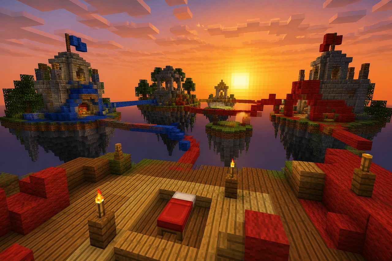 Île Bed Wars au coucher de soleil
